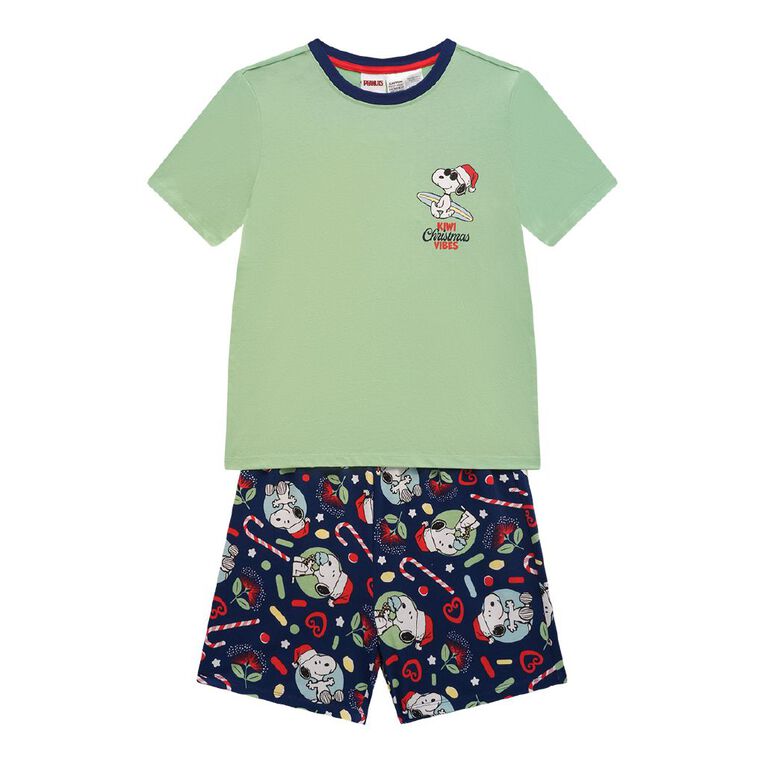 Peanuts Boys' Christmas Tee and Short Pyjama Set, Green Mid, hi-res