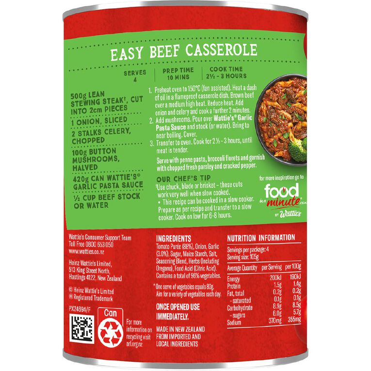 Wattie's Traditional Pasta Sauce with Garlic 420g, , hi-res