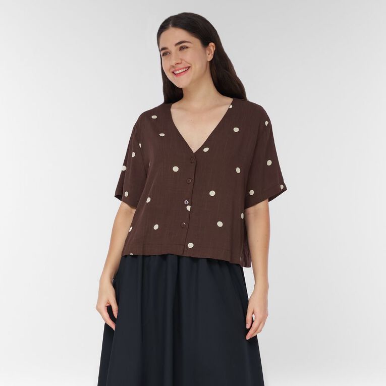 H&H Women's Deep V Neck Short Sleeve Shirt, Brown Dark, hi-res