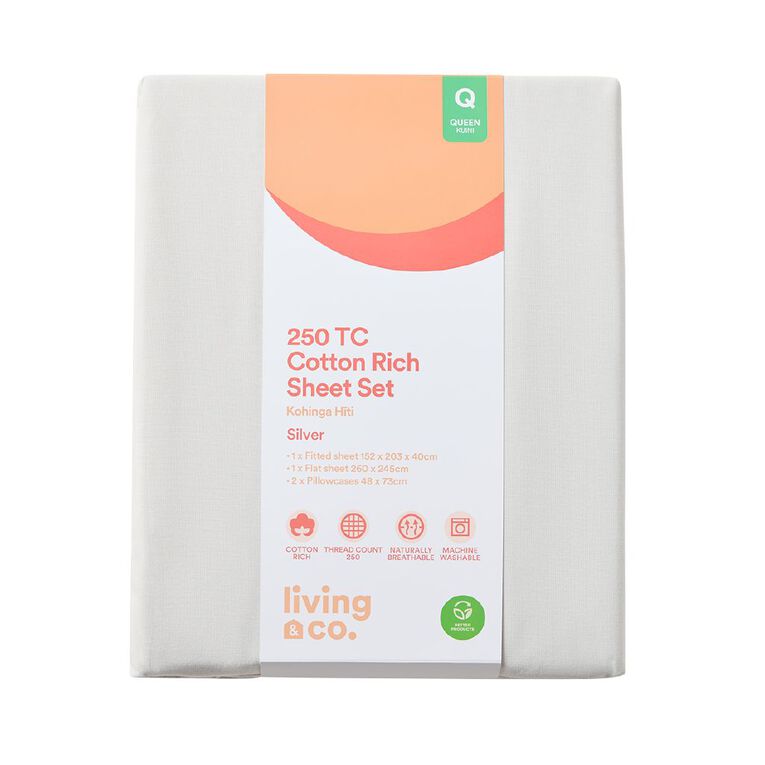 Living & Co Cotton Rich Sheet Set Grey Queen, Grey, hi-res