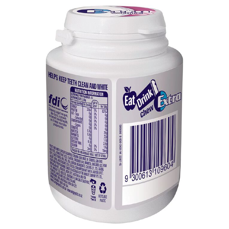 Extra White Bubblemint Chewing Gum SF Bottle 46 Piece 64g, , hi-res