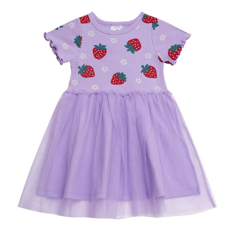 Young Original Toddler Short Sleeve Rib Tulle Dress, Purple Light, hi-res