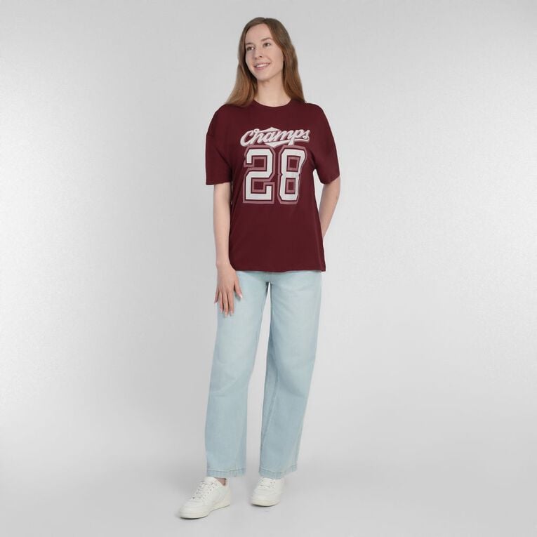 H&H Women's Short Sleeve Boyfriend Graphic Tee, Red Dark, hi-res