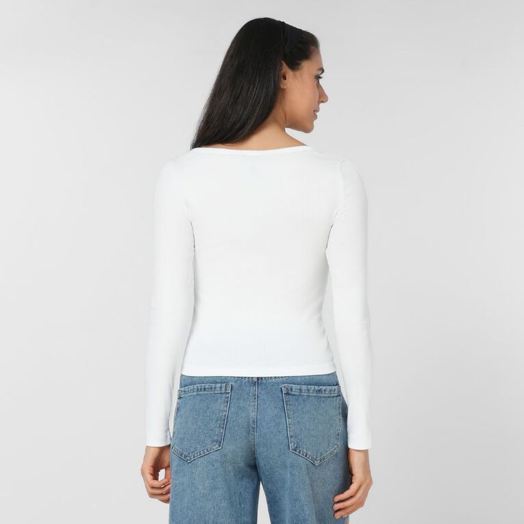 H&H Women's Long Sleeve Scoop Neck Rib Top, White, hi-res