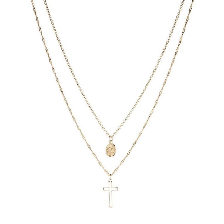 Coin Cross Necklace Two Layer, , hi-res