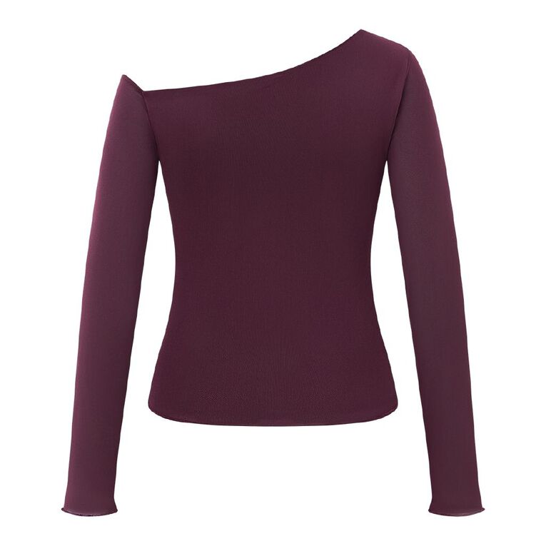 H&H Women's Long Sleeve Mesh Ruched Asymmetric Top, Red Dark, hi-res