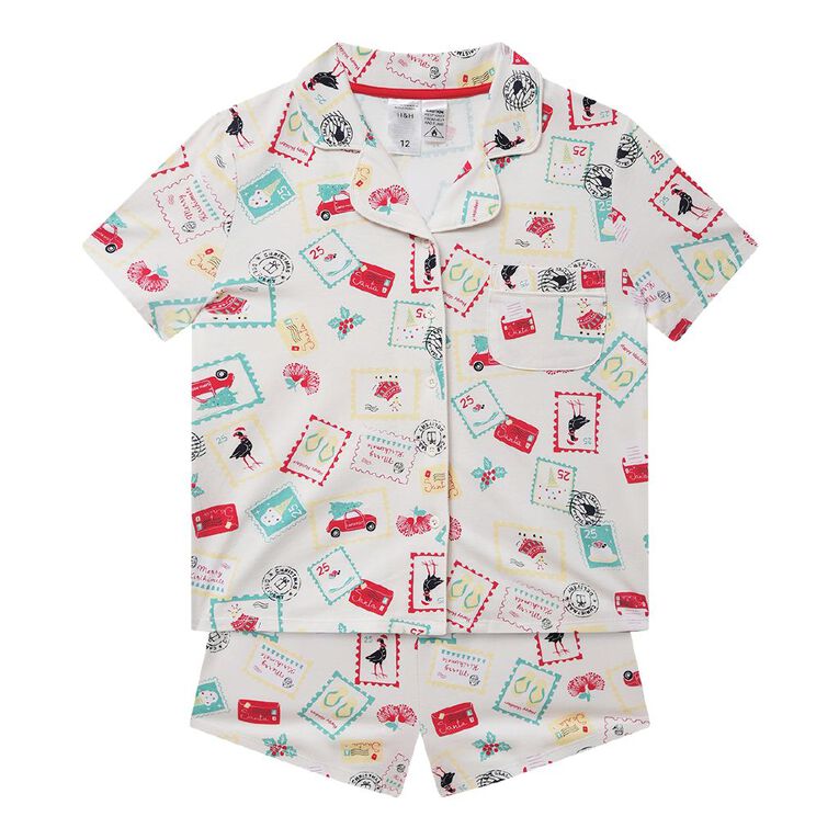 H&H Girls' Christmas Button Up Pyjama Set, Cream, hi-res