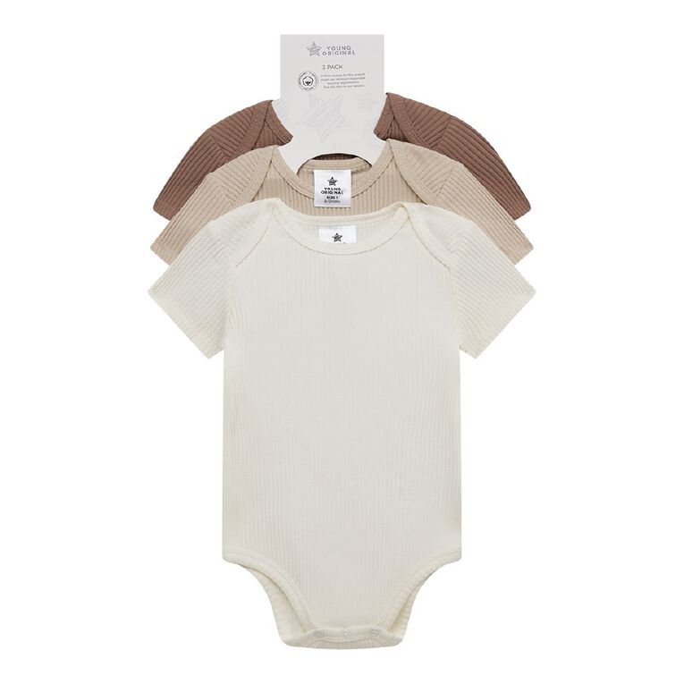 Young Original Babies' Short Sleeve Rib Bodysuit 3 Pack, Brown Light, hi-res