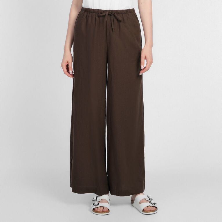 H&H Women's Tie Waist Linen Blend Pants, Brown Dark, hi-res