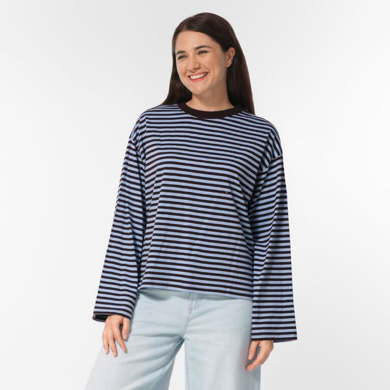 H&H Women's Long Sleeve Boxy Stripe Crew Neck Tee, Blue Mid, hi-res