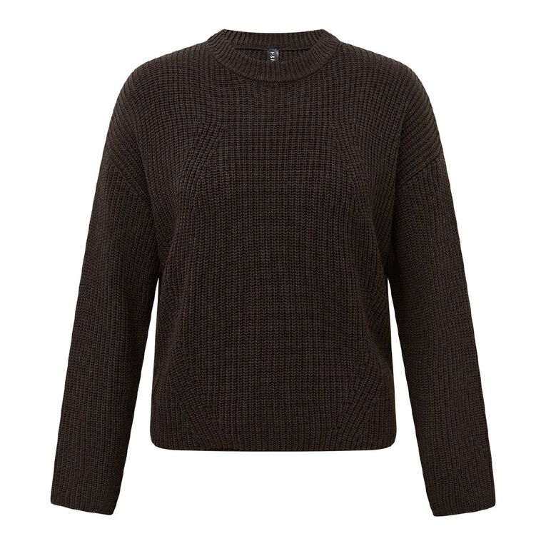 H&H Women's Long Sleeve Boxy Cotton Like Rib Crew, Brown Dark, hi-res