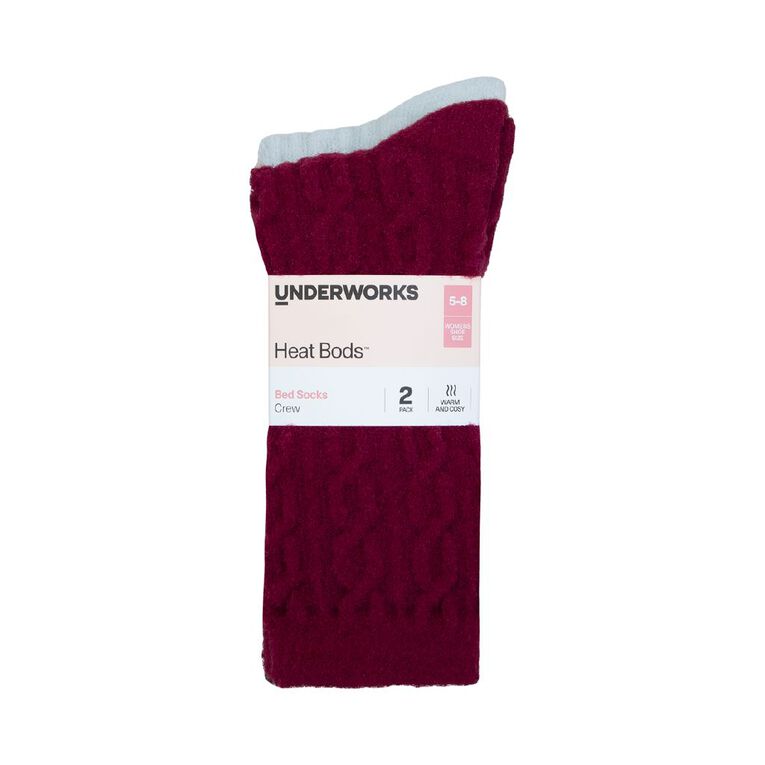Underworks Women's Heat Bods Chenille Crew Socks 2 Pack, Burgundy, hi-res