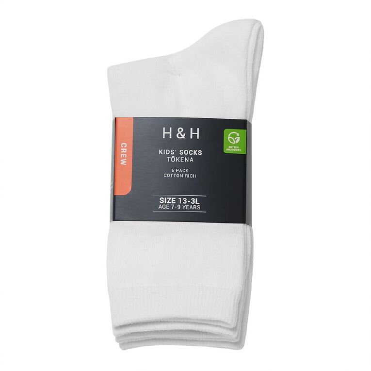 H&H Kids' Plain Crew Socks 5 Pack, White, hi-res