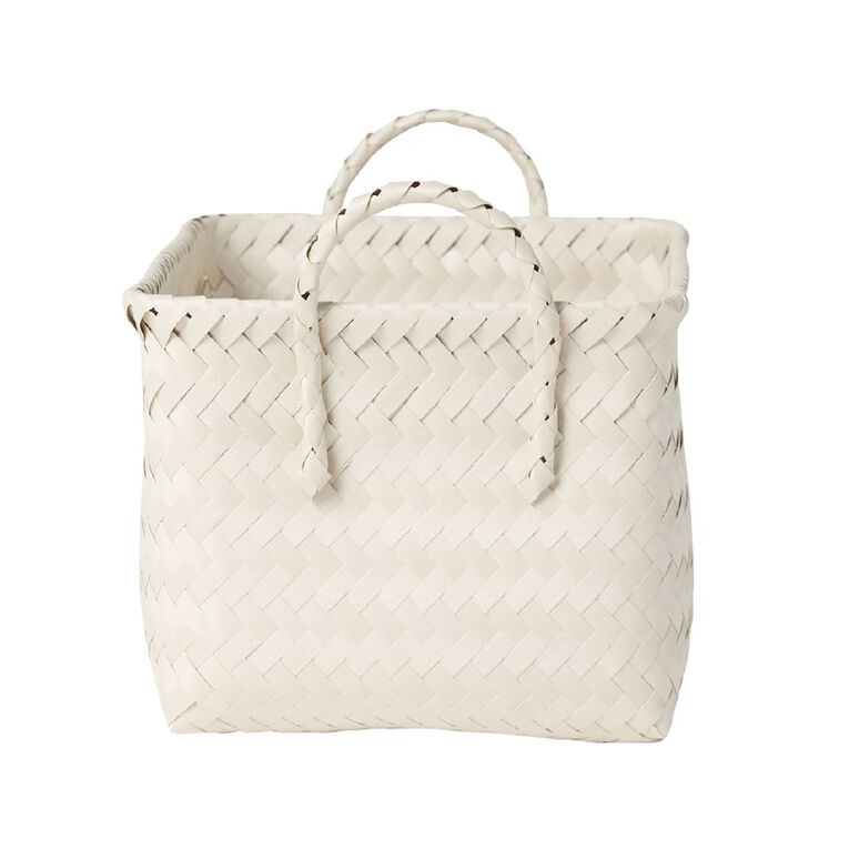 Living & Co Rectangle Plastic Woven Basket Cream, , hi-res