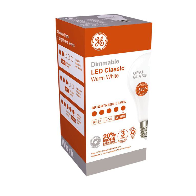 General Electric E27 LED Dimmable Classic 10W Warm White Light Bulb, , hi-res