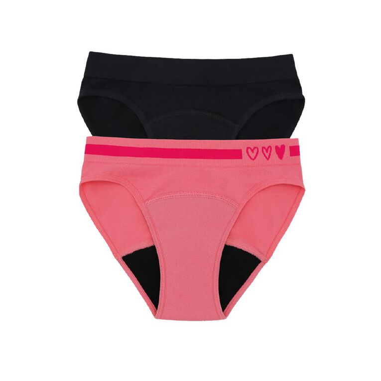 Love Luna Teen First Period Seamfree Bikini Briefs 2 Pack, Black/Pink, hi-res