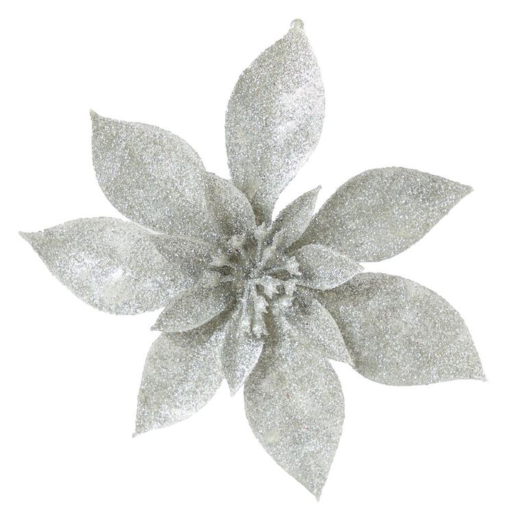 Wonderland Tree Decoration Poinsettia Clip Silver, , hi-res