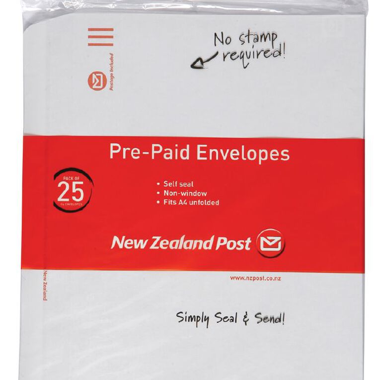 New Zealand Post Prepaid Non Window Self Seal C4 Envelope 25 Pack White, , hi-res