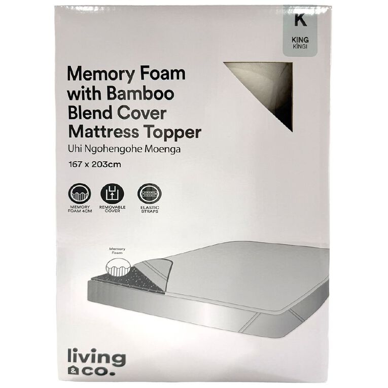Living & Co Memory Foam Bamboo Blend Mattress Topper White King, , hi-res