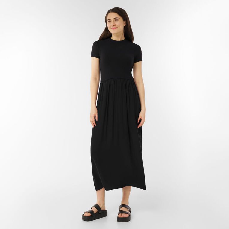 H&H Women's Short Sleeve Ribbed Bodice Midaxi, Black, hi-res