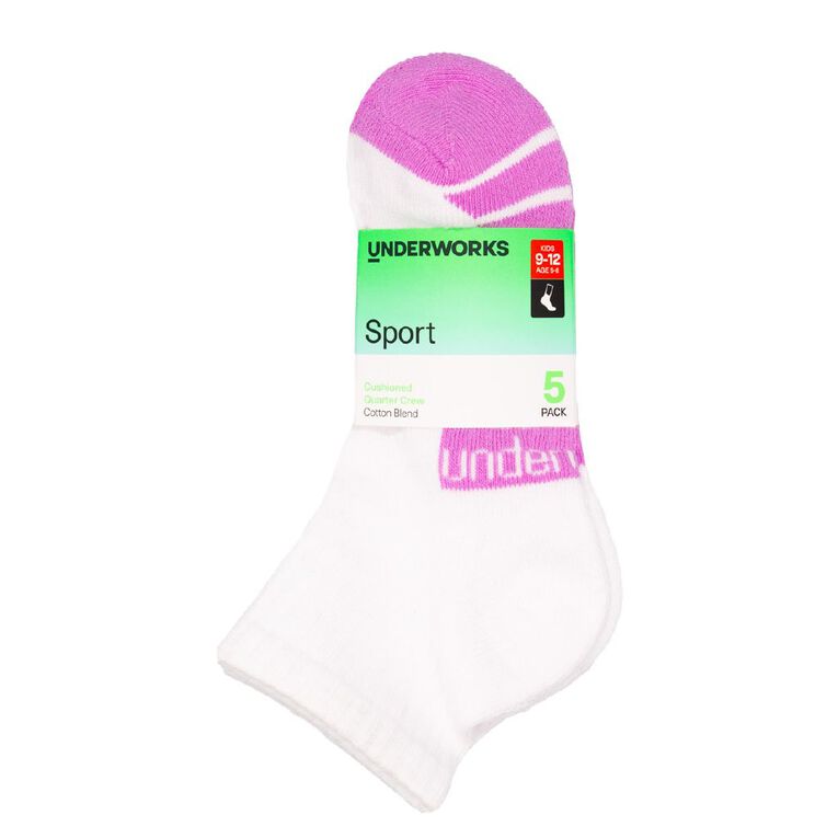 Underworks Kids' Quarter Crew Sport Socks 5 Pack, GWhite1, hi-res