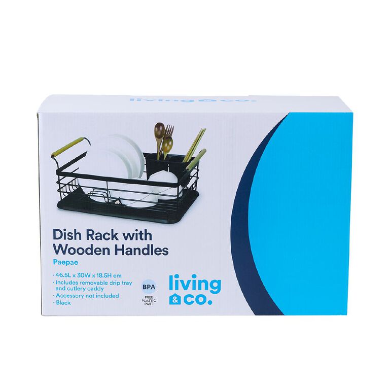 Living & Co Dish Rack With Wooden Handles Black, , hi-res