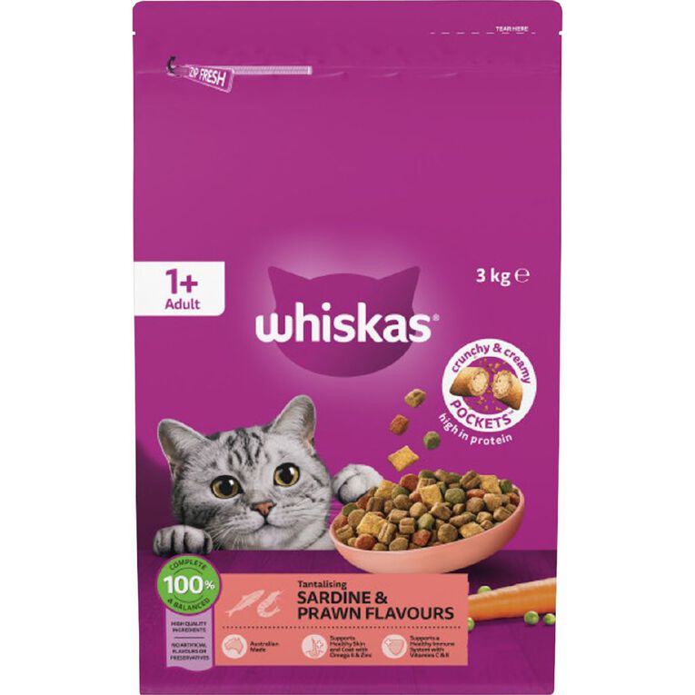 Whiskas Adult Dry Cat Food Sardine & Prawn Bag 3kg, , hi-res
