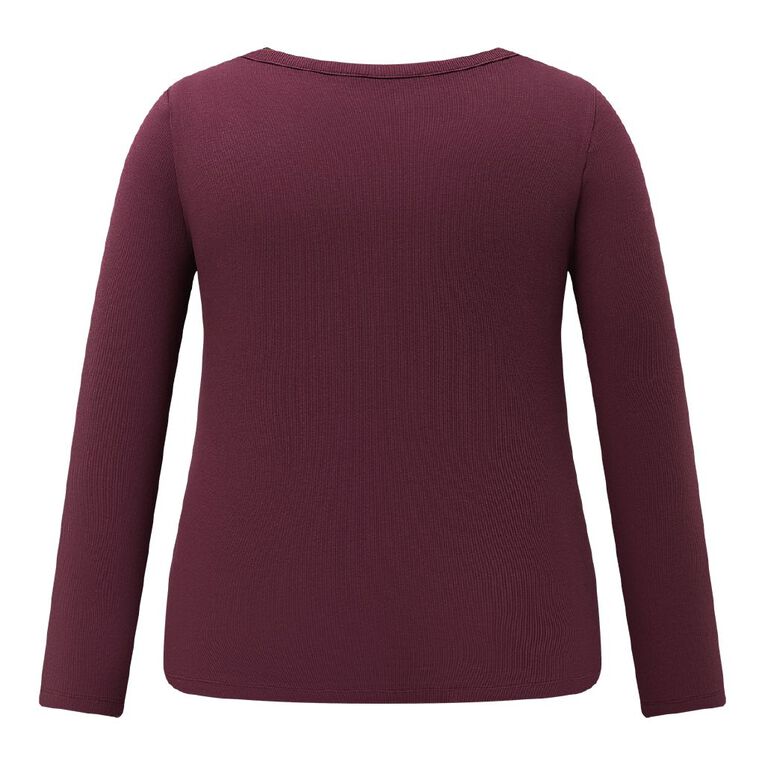 H&H Curve Women's Long Sleeve Rib Henley Knit Top, Red Dark, hi-res