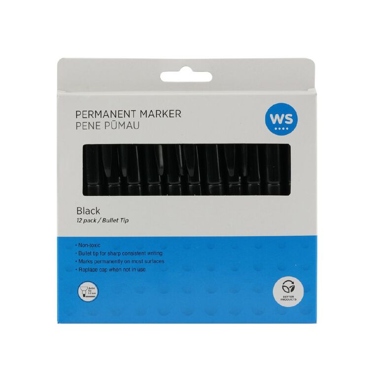WS Permanent Markers Fine Black 12 Pack, , hi-res