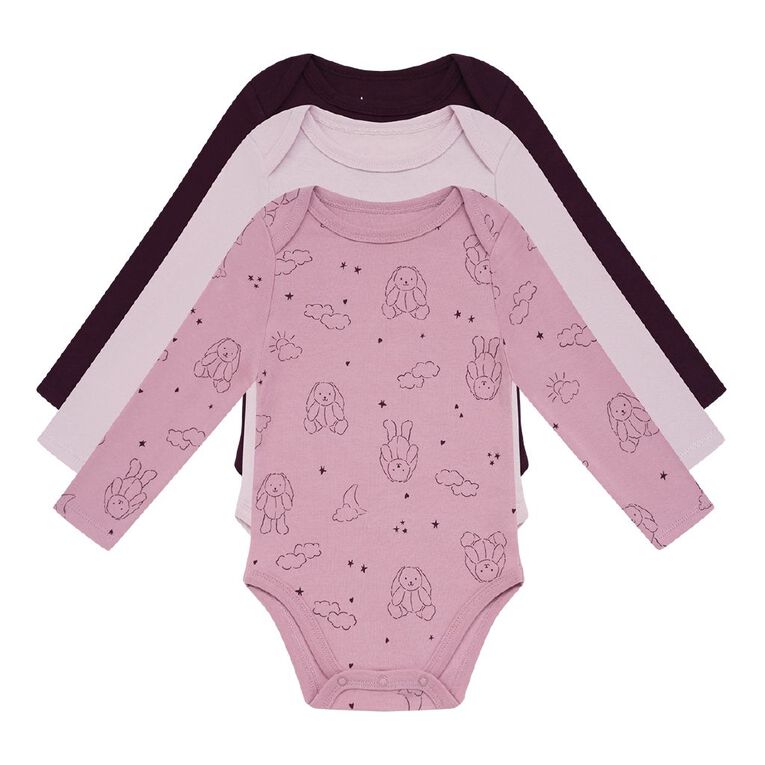 Young Original Babies' Long Sleeve Printed Bodysuit 3 Pack, Pink Light BUNNY, hi-res
