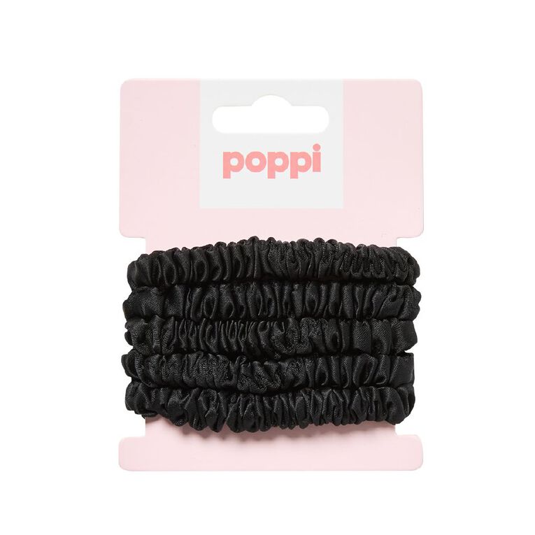 Poppi Mini Satin Scrunchies 5 Pack Black 5 Pack, , hi-res