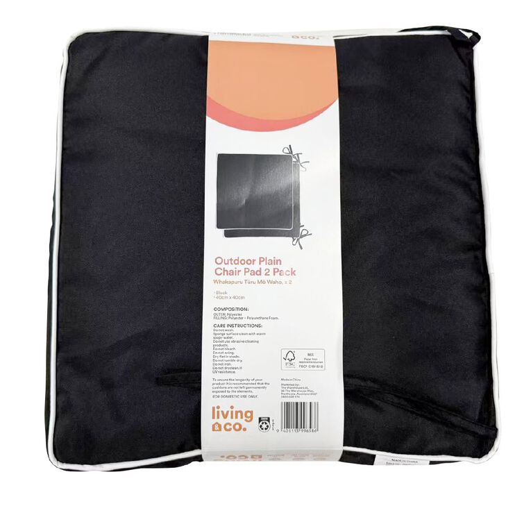 Living & Co Outdoor Cushion Chair Pad 2 Pack Plain Black, , hi-res