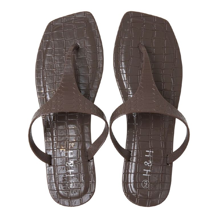 H&H Women's Pearly T Bar Slides, Brown, hi-res