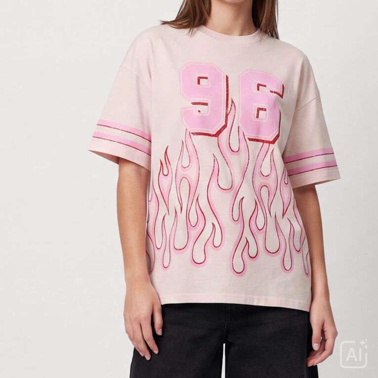 Garage Women's Short Sleeve Flame Printed Cotton Tee, Pink, hi-res