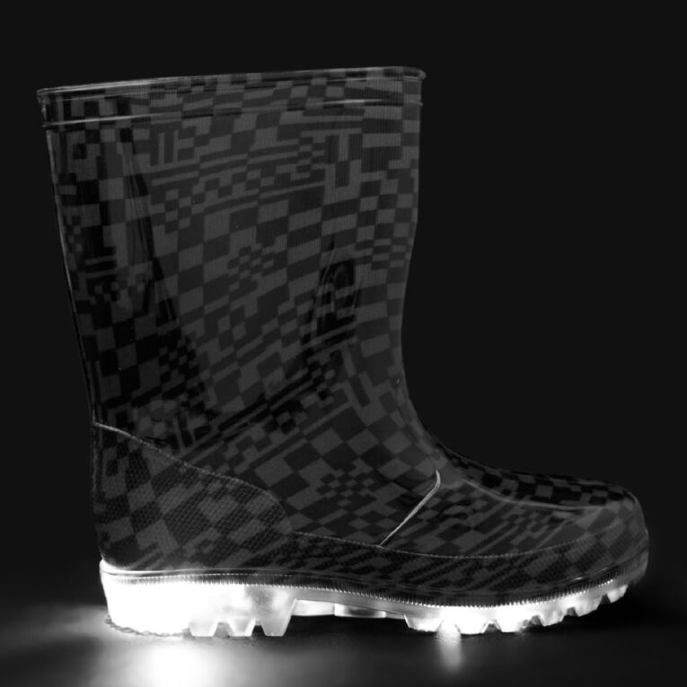 Young Original Senior Kids' Light Up Gumboots, Black/Grey, hi-res