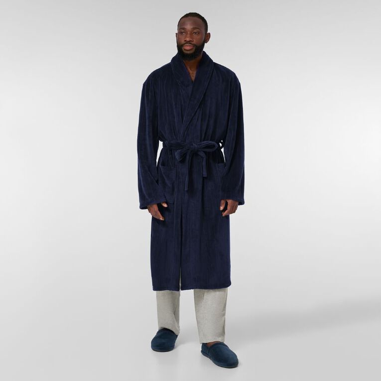 H&H Men's Coral Fleece Robe, Blue Dark, hi-res
