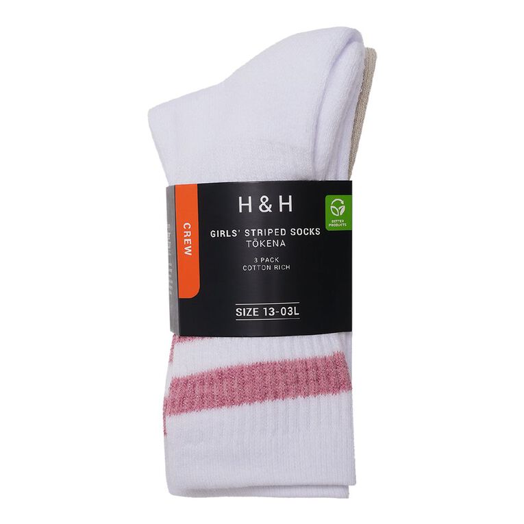 H&H Girls' Striped Crew Socks 3 Pack, Pink Light, hi-res