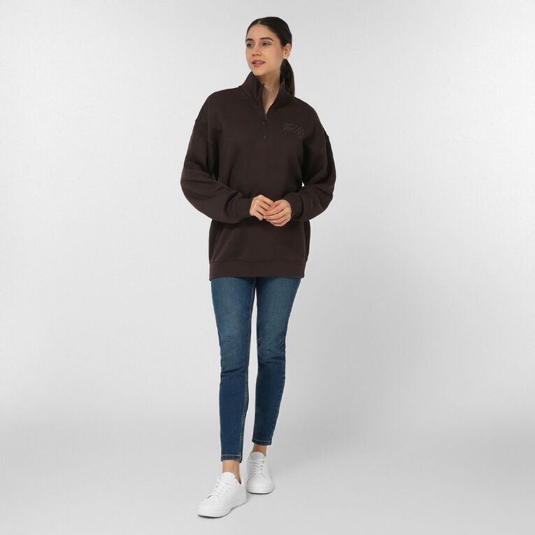 H&H Women's Long Sleeve Oversized BF 1/4 Zip, Brown Dark, hi-res
