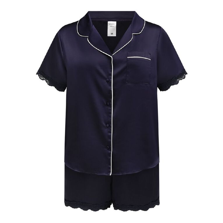 H&H Women's Satin Button Up Short Sleeve Pyjama Set, Blue Dark, hi-res