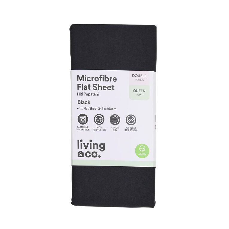 Living & Co Flat Microfibre Sheet Double/ Queen Black One Size, , hi-res