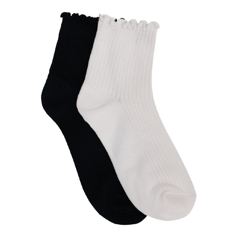 H&H Women's Frill Crew Socks 2 Pack, Black/White, hi-res