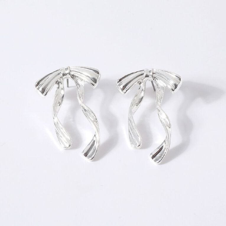 H&H Bow Silver Earrings, , hi-res