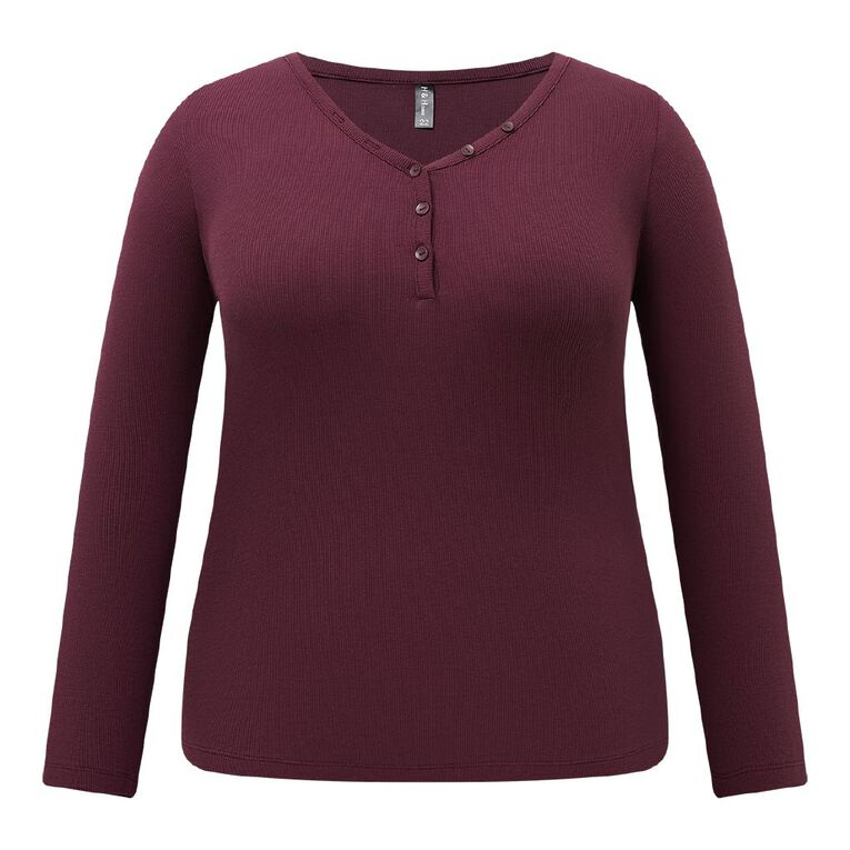 H&H Curve Women's Long Sleeve Rib Henley Knit Top, Red Dark, hi-res