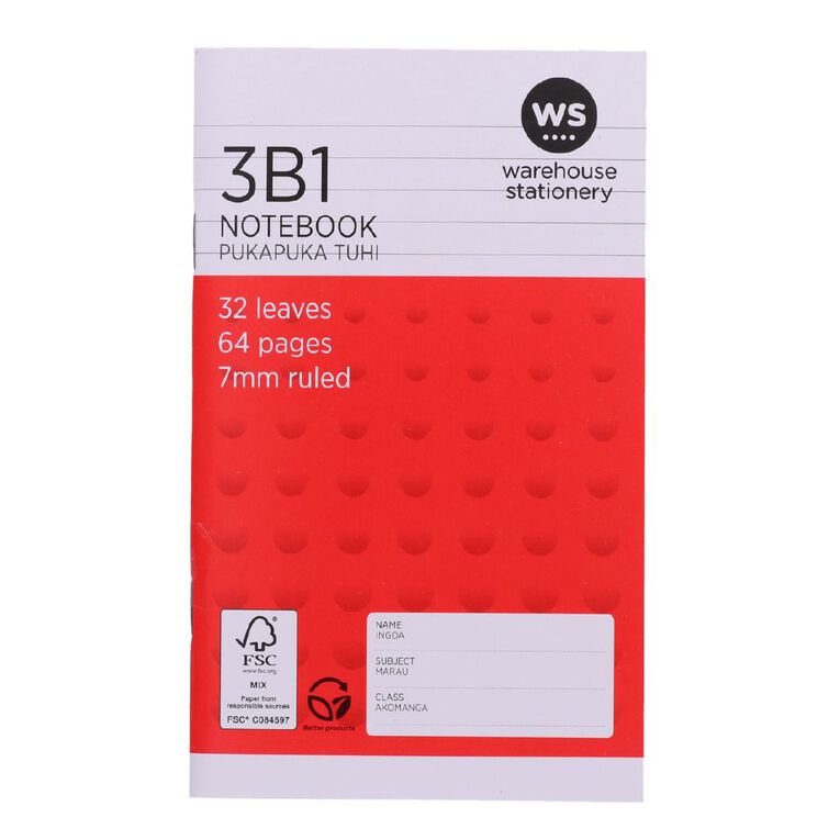WS Notebook 3B1 7mm Ruled 32 Leaf Red, , hi-res
