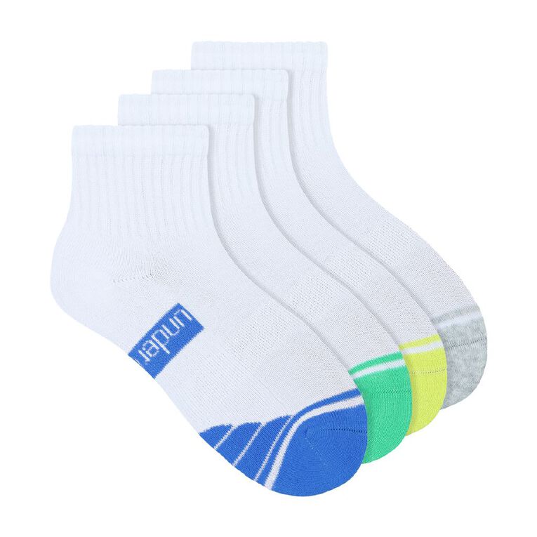 Underworks Kids' Quarter Crew Sport Socks 4 Pack, White, hi-res