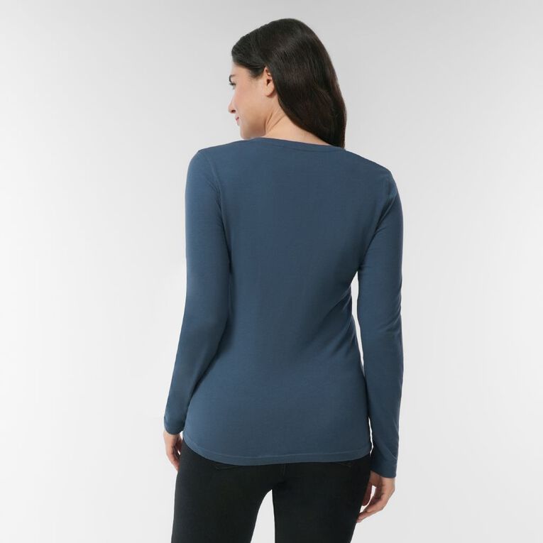 H&H Women's Stretch Long Sleeve V Neck Tee, Blue Mid, hi-res