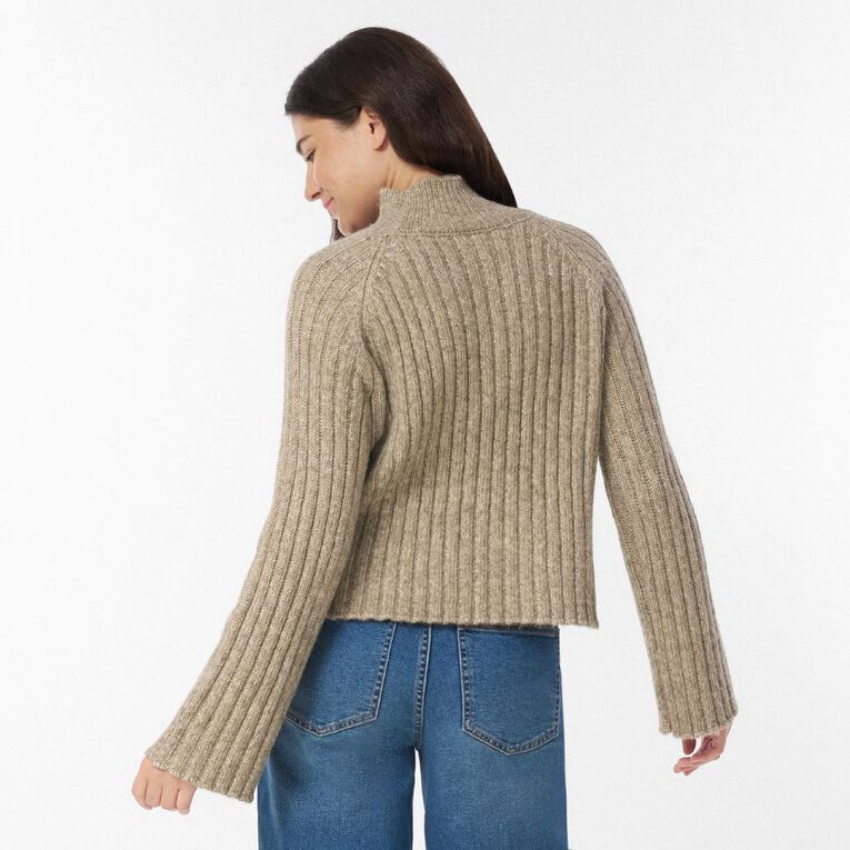 H&H Women's Oversized Crop Box Funnel Knit Jumper, Brown Mid, hi-res