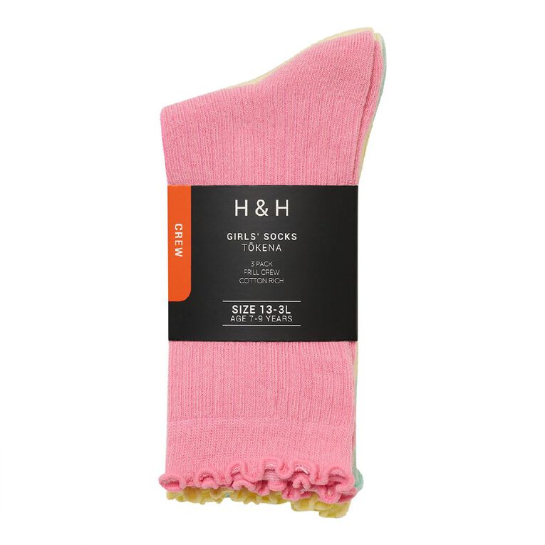H&H Girls' Ribbed Frill Crew Socks 3 Pack, Pink Mid, hi-res