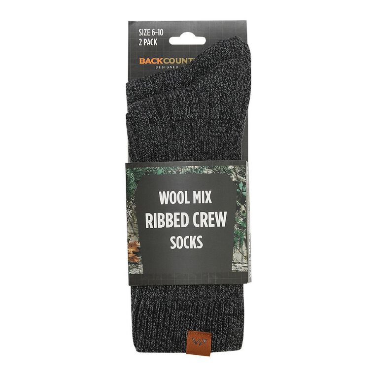 Back Country Adults' Wool Mix Ribbed Crew Socks 2 Pack, Black, hi-res
