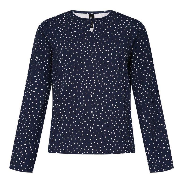 H&H Women's Long Sleeve Keyhole Print Top, Navy, hi-res